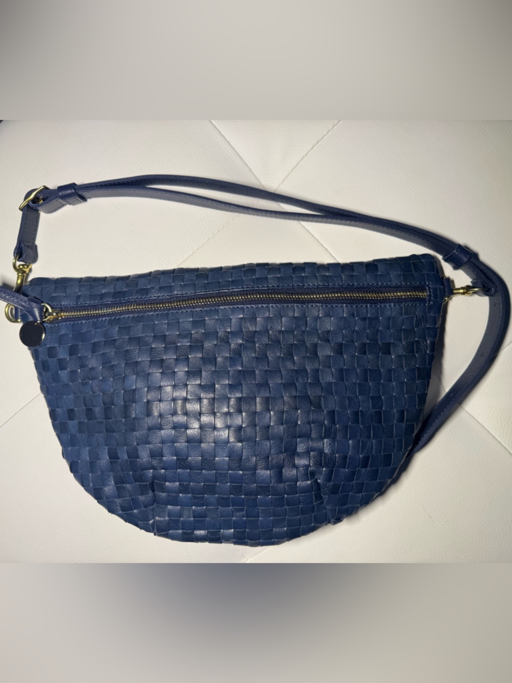 Clare V Moyen Woven Leather Crossbody Bag Blue Crescent Zip - Picture 6 of 9